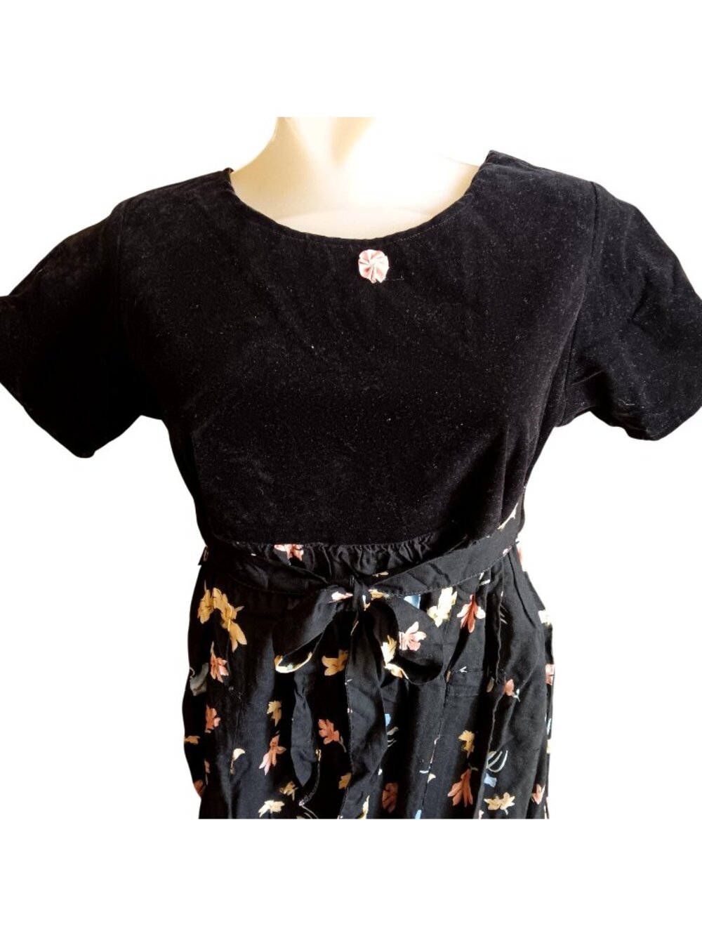 True Vintage Small Black Velvet Dress Floral Print Dress With Pink Ribbon Detail